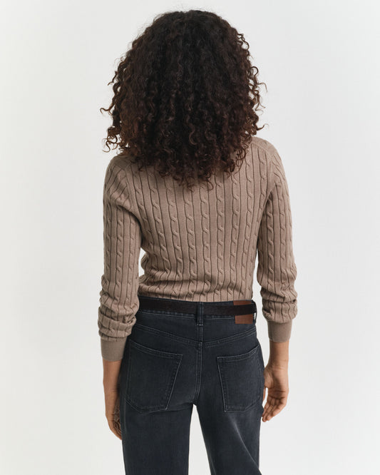 Stretch Cotton Cable Knit V-Neck Sweater