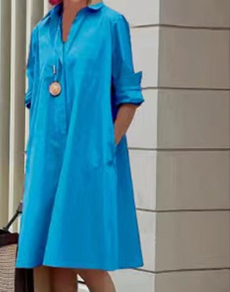 Women Summer 2025 New Type Fashion Temperament Shirt Collar Long Sleeve Pocket Mid-Length Dress