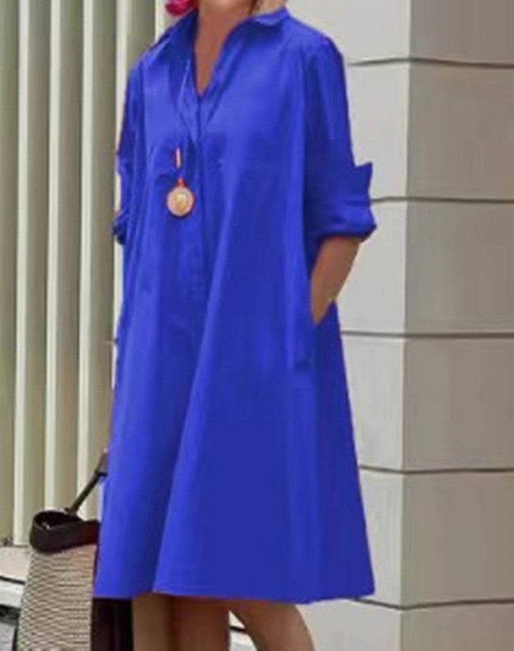 Women Summer 2025 New Type Fashion Temperament Shirt Collar Long Sleeve Pocket Mid-Length Dress