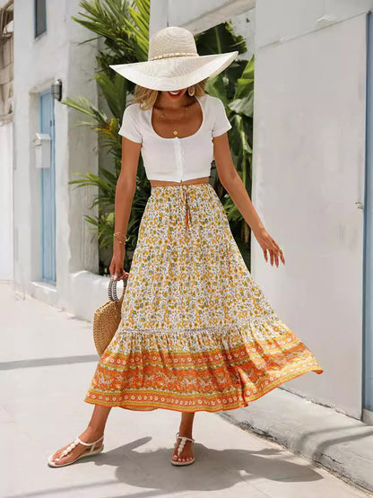 Women's Summer Boho Floral Elastic High Waist Beach Skirts