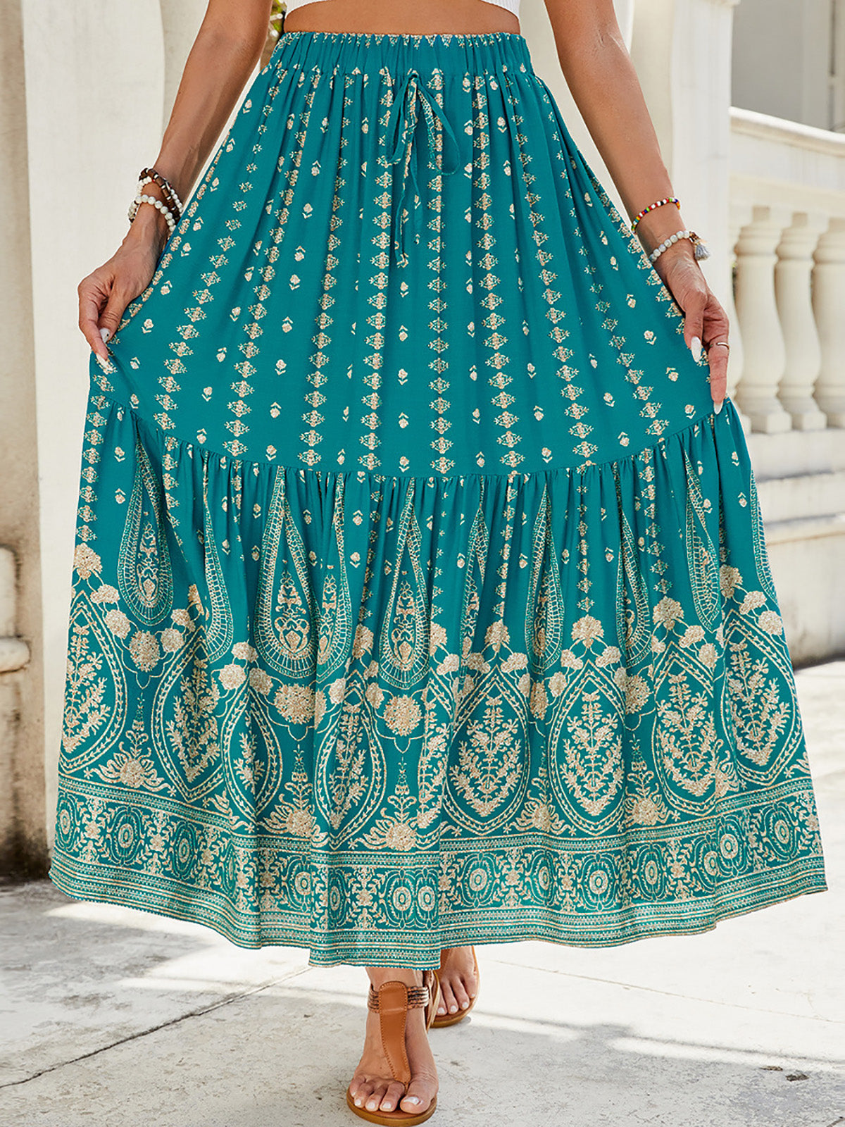 Women's Summer 2025 Boho Floral High Waist Midi Skirts