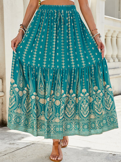 Women's Summer 2025 Boho Floral High Waist Midi Skirts