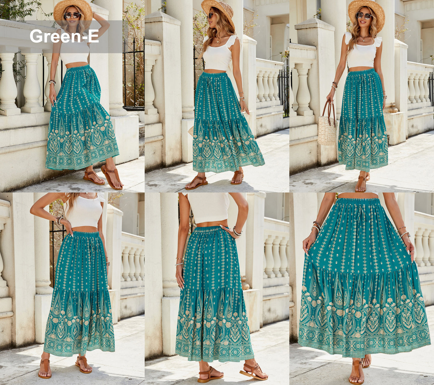 Women's Summer 2025 Boho Floral High Waist Midi Skirts