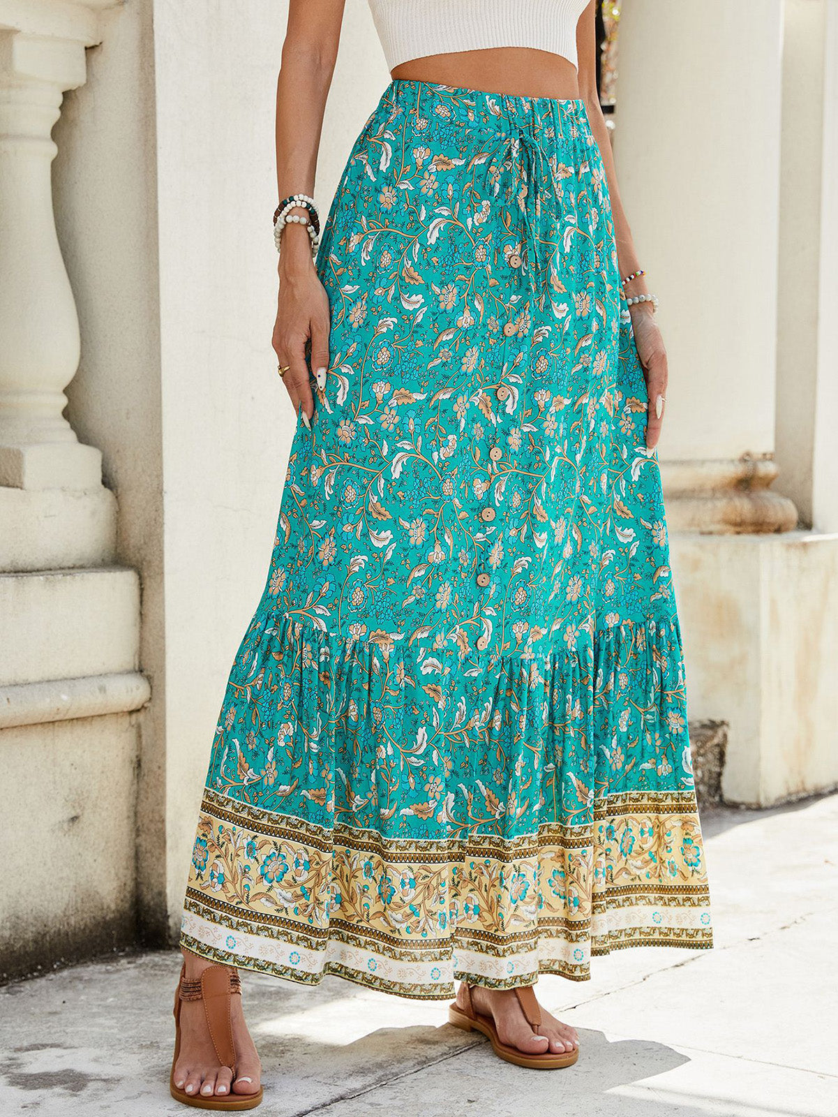 🔥Up to 69% OFF Today🔥Women's Summer Beach Pleated A-Line Boho Floral Elastic High Waist Maxi Skirts