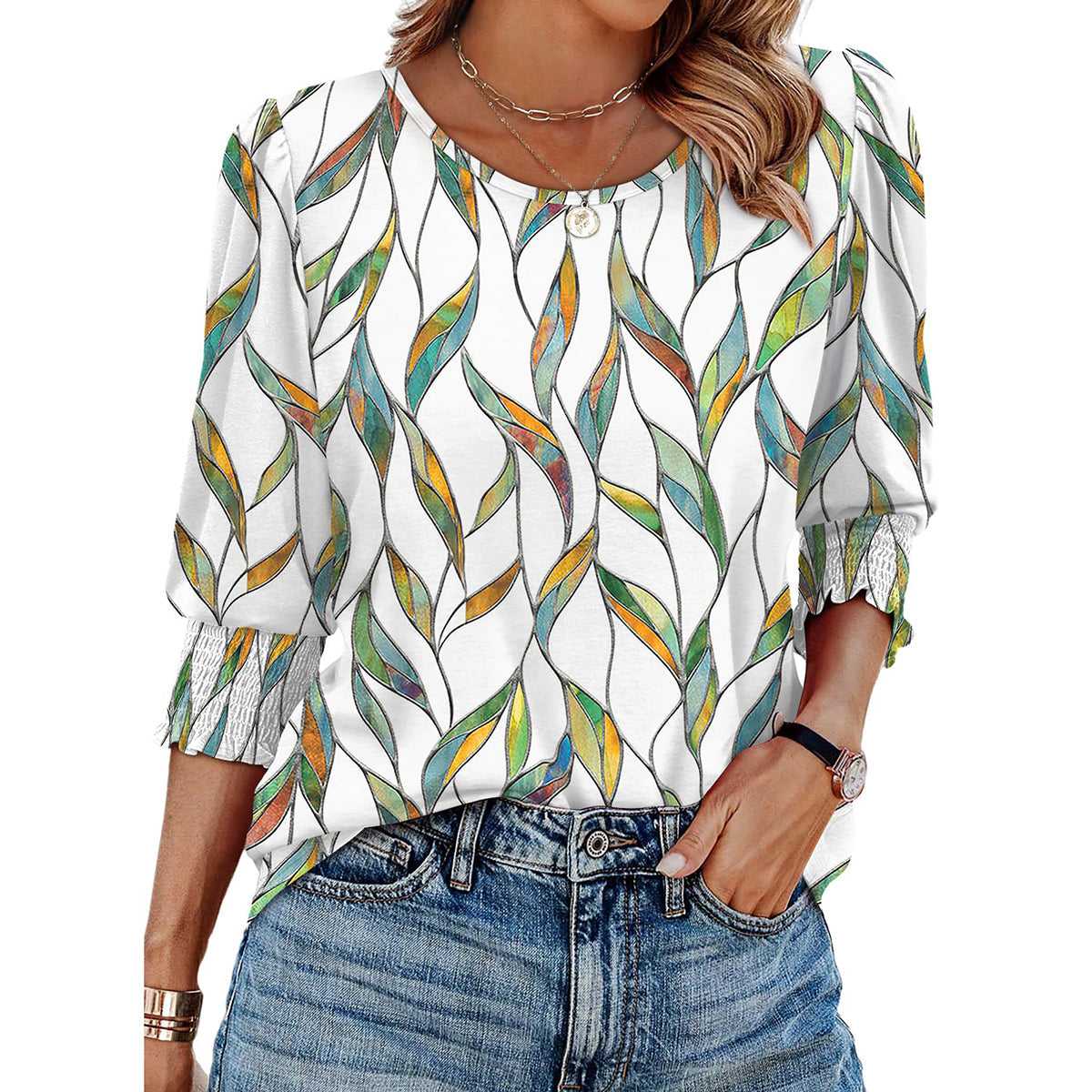 🥳Women Summer Printed Tops Elbow Sleeve Loose Fit Tee