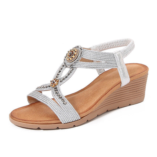 Comfortable Bohemian Fashion Rhinestone Platform Wedge Sandals