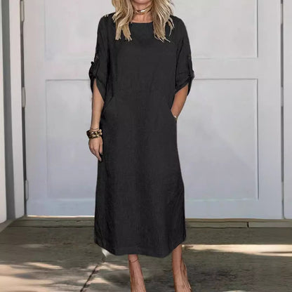 🔥HOT SALE🔥Women Summer Solid Color Linen Cotton Casual Double Side Pocket Dress(BUY 2 FREE SHIPPING)