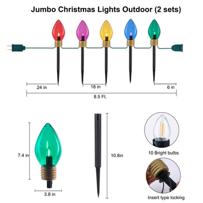 🎄Chikalabs Christmas Jumbo C9 Garden Pathway Lights with C7 LED on Green Wire, Multicolor