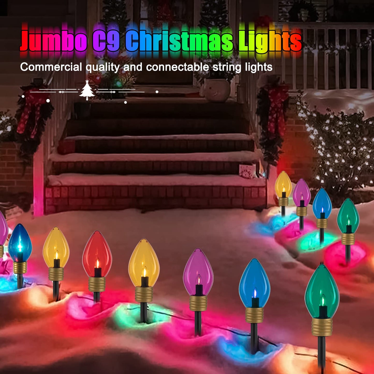 🎄Chikalabs Christmas Jumbo C9 Garden Pathway Lights with C7 LED on Green Wire, Multicolor