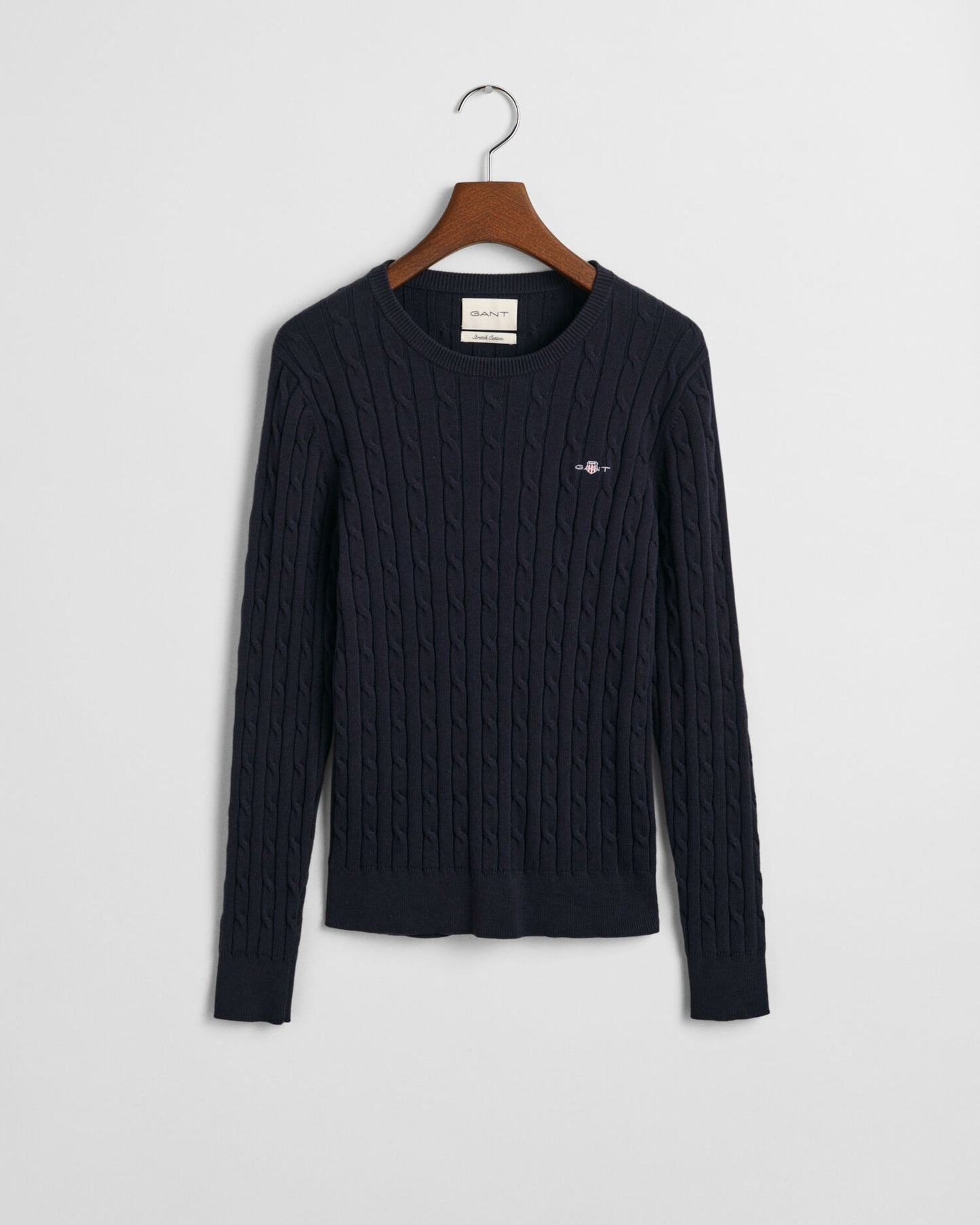 Stretch Cotton Cable Knit Crew Neck Sweater