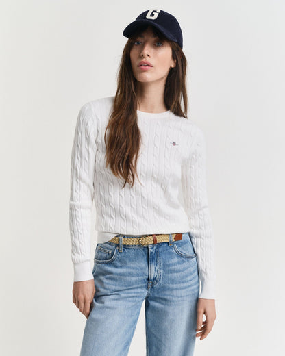 Stretch Cotton Cable Knit Crew Neck Sweater