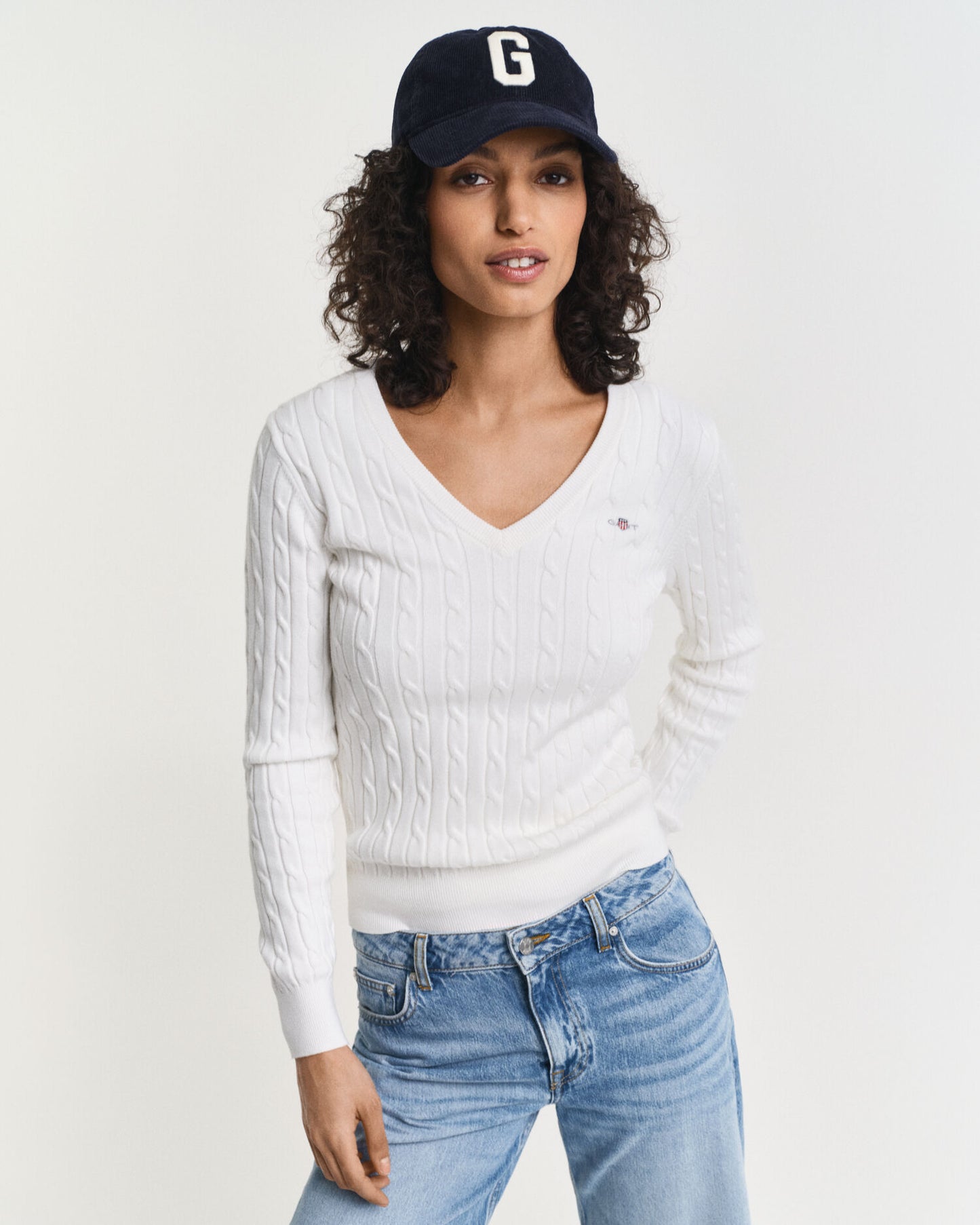 Stretch Cotton Cable Knit V-Neck Sweater