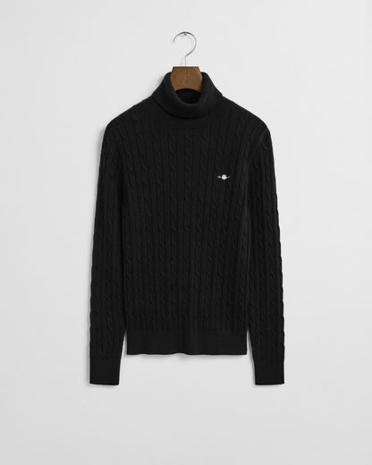 Stretch Cotton Cable Knit Turtleneck Sweater
