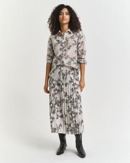 Pleated Tree Printed Midi Skirt