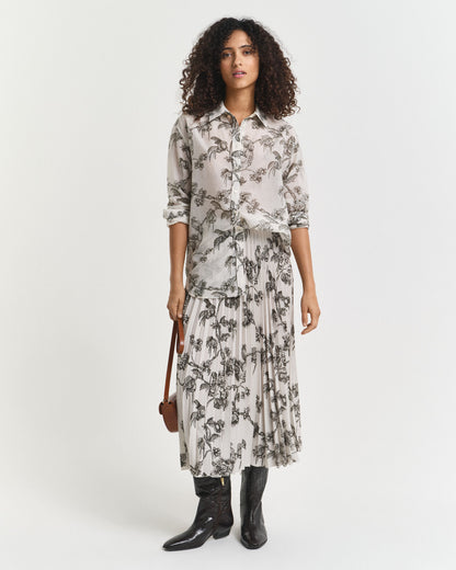 Pleated Tree Printed Midi Skirt