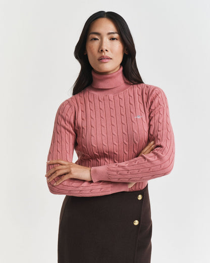 Stretch Cotton Cable Knit Turtleneck Sweater