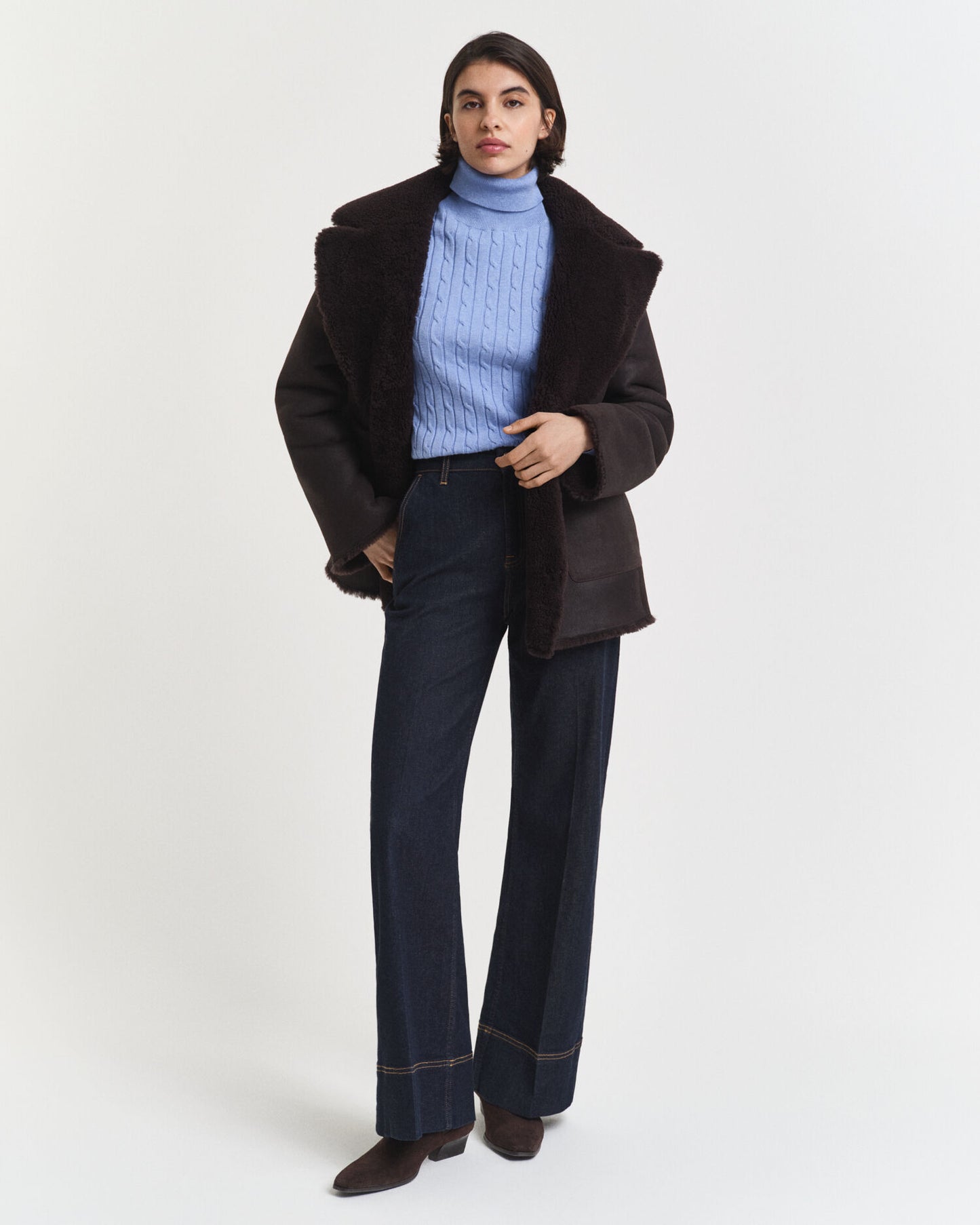 Stretch Cotton Cable Knit Turtleneck Sweater