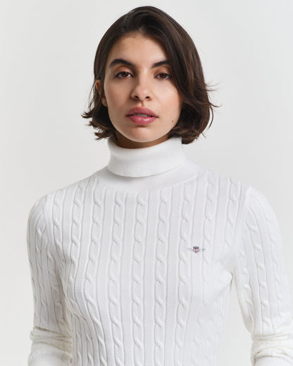 Stretch Cotton Cable Knit Turtleneck Sweater