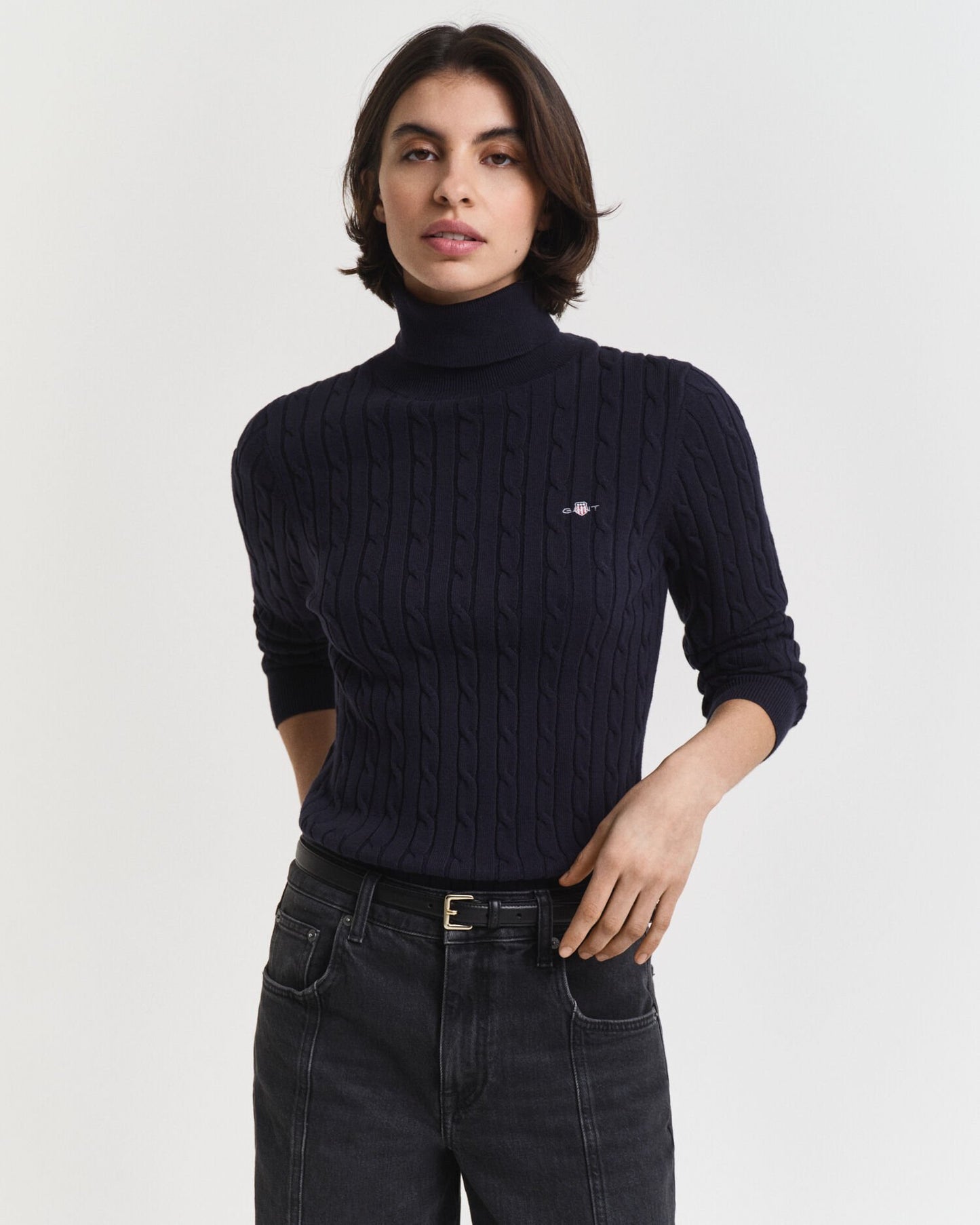 Stretch Cotton Cable Knit Turtleneck Sweater