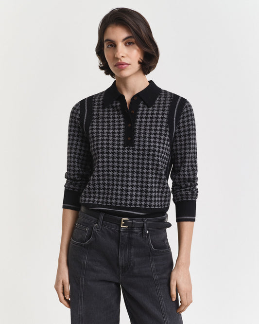 Houndstooth Jacquard Polo Sweater