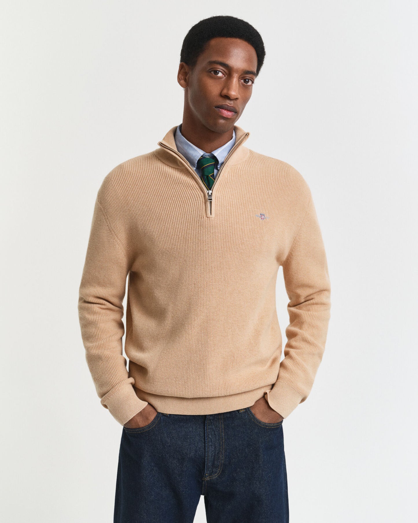 Ribbed Cotton Merino Wool Half-Zip Sweater